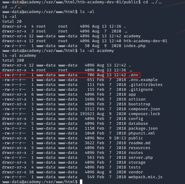 shell output from ls in /var/www/html/academy screenshot