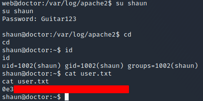 shell as shaun with user.txt screenshot