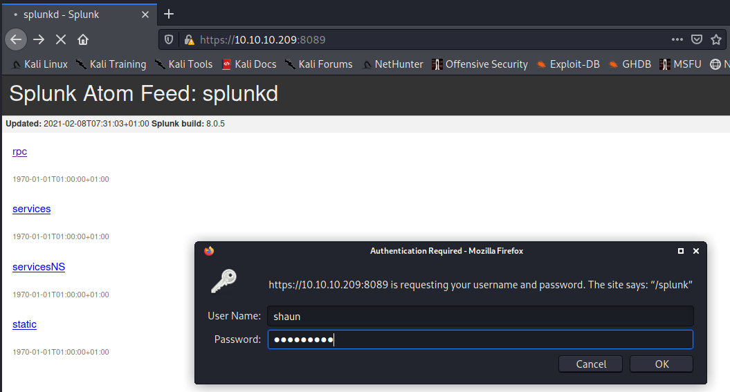 logging into splunk using shaun’s creds screenshot